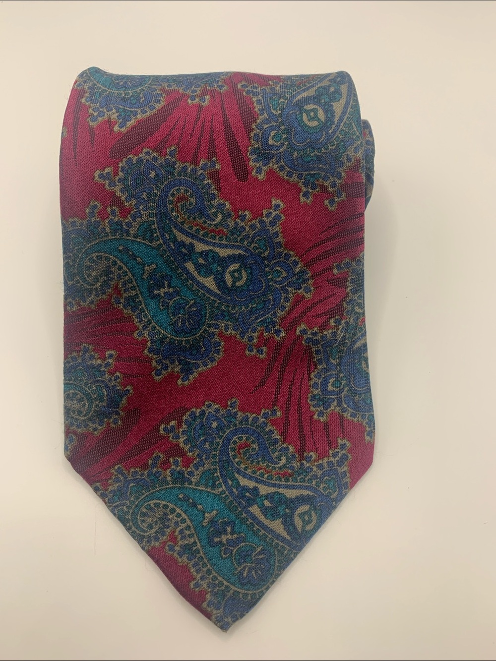 Vintage Mario Valentino Paisley Silk Tie in Burgundy and Teal Blue